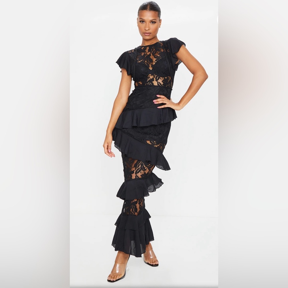 Black Lace Ruffle Detail Maxi Dress